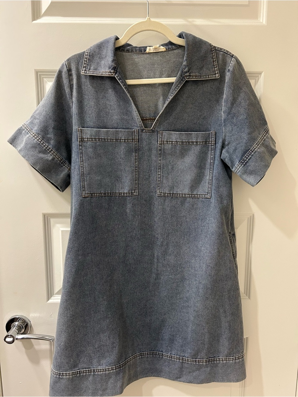 Denim Short Sleeve Shift Dress - Blue
